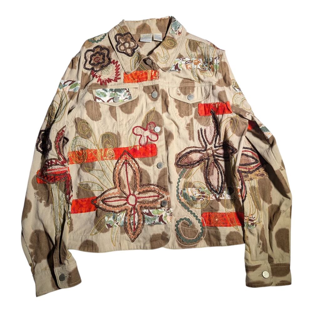 Vtg Y2K Bleu Bayou Beige Orange Floral Embroidered Cotton Trucker Jacket Sz L